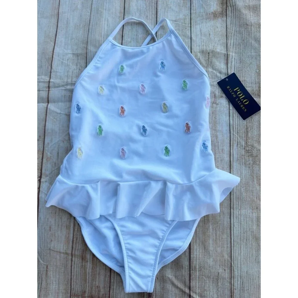 NWT Polo Ralph Lauren Girls Multi Color ALL OVER Polo Pony Embroidered SWIMSUIT - Picture 1 of 9